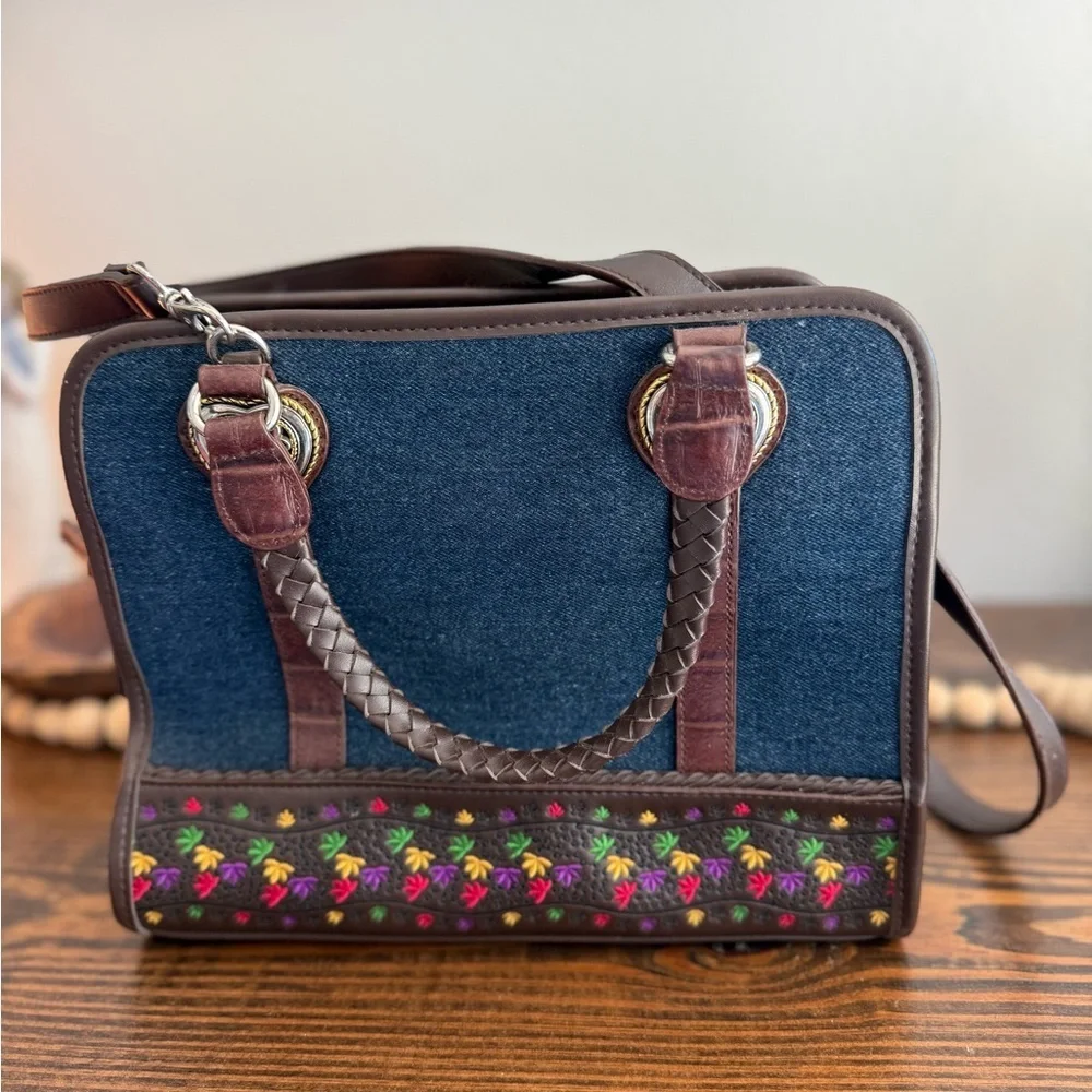 Vintage Denim Embroidered Mini Satchel Crossbody Bag Boho Western Purse Granny